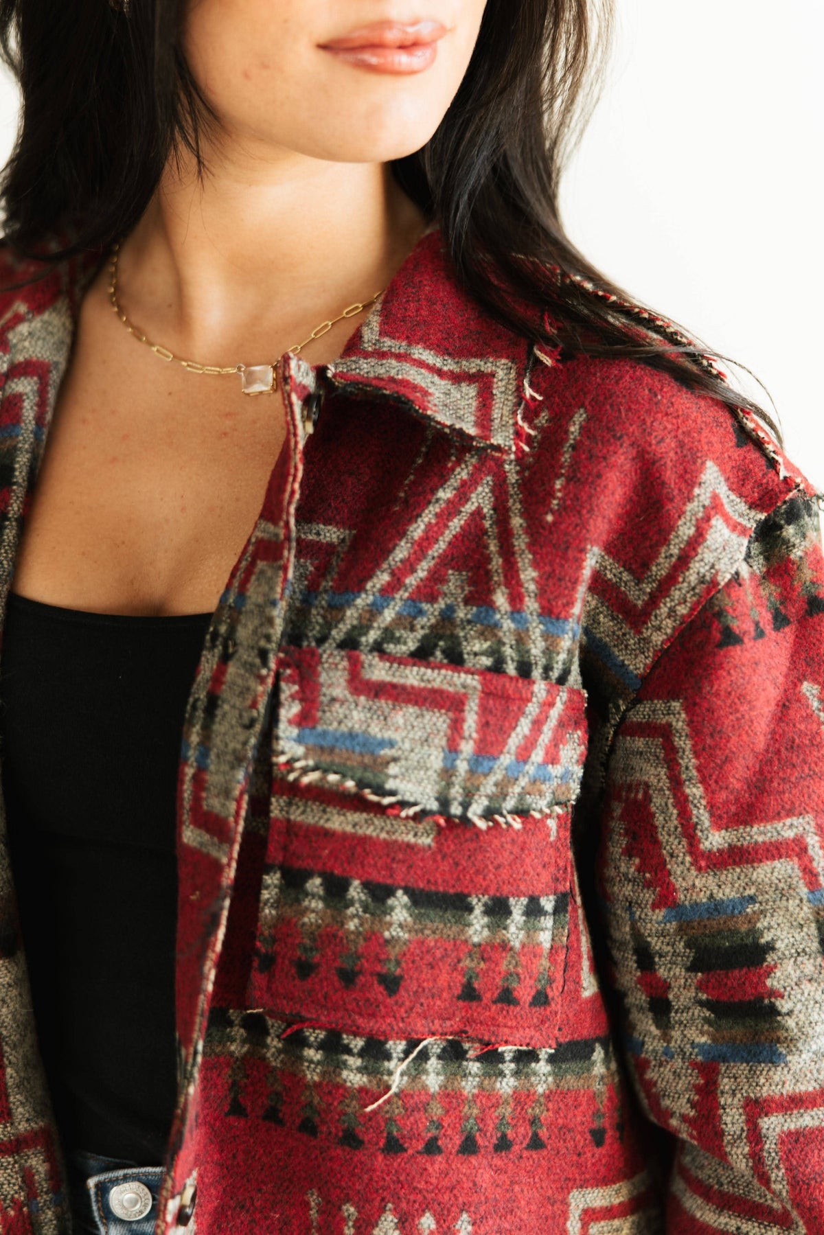 Women’s Aztec Pattern Button-Up Shacket – Red/Multicolor TH1210