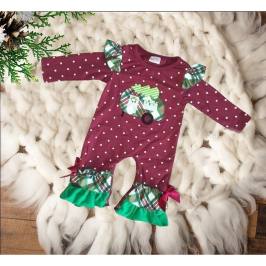 Rufflеѕ & Bоwtіеѕ - Affordable Boys & Girls Clothing -Ruffled Romper Jumpsuits - Burgundy Trailer Dots