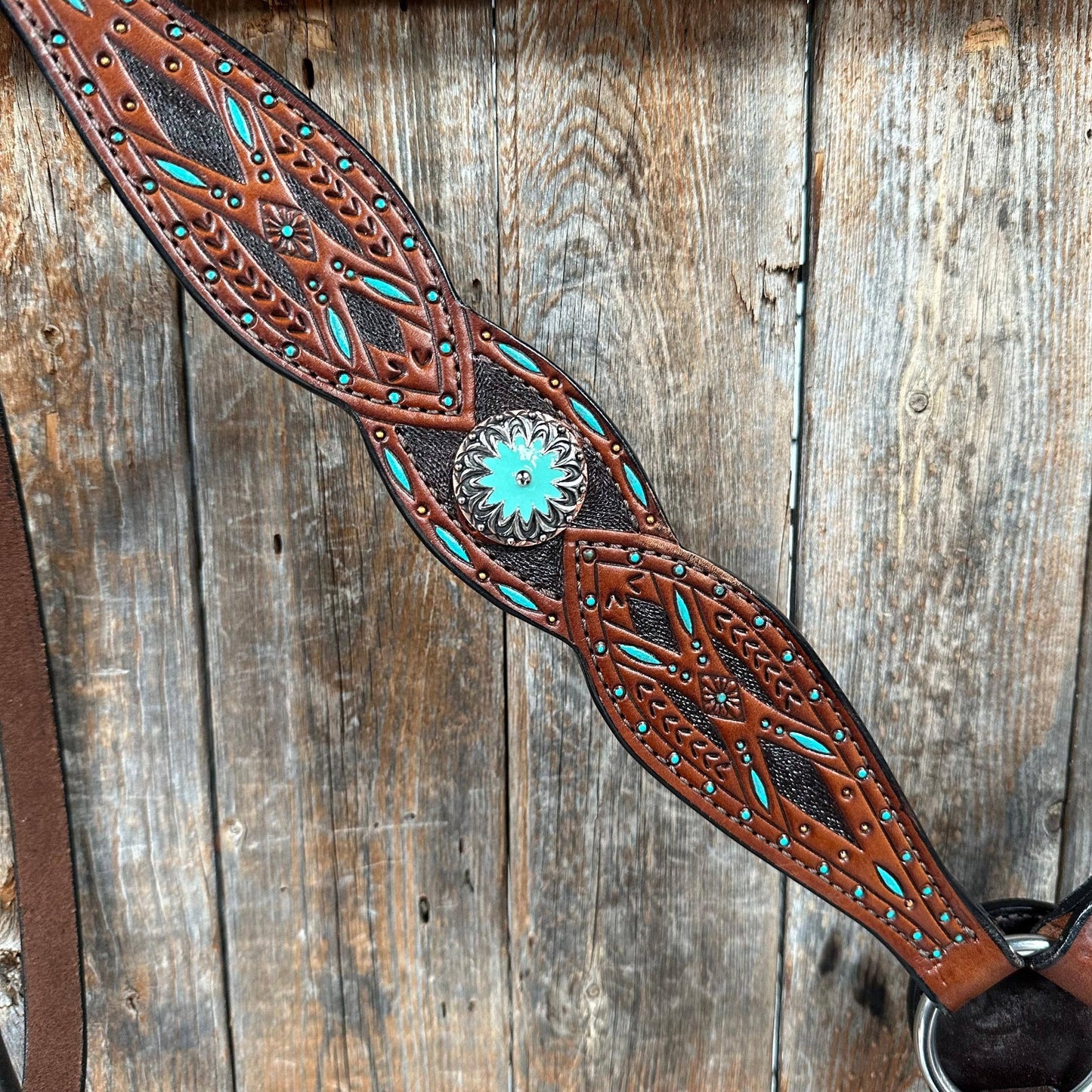 Rodeo Drive - Dark Oil Hand Painted Antique Silver Turquoise Browband/One Ear and  Breastcollar Tack Set #BBBC555