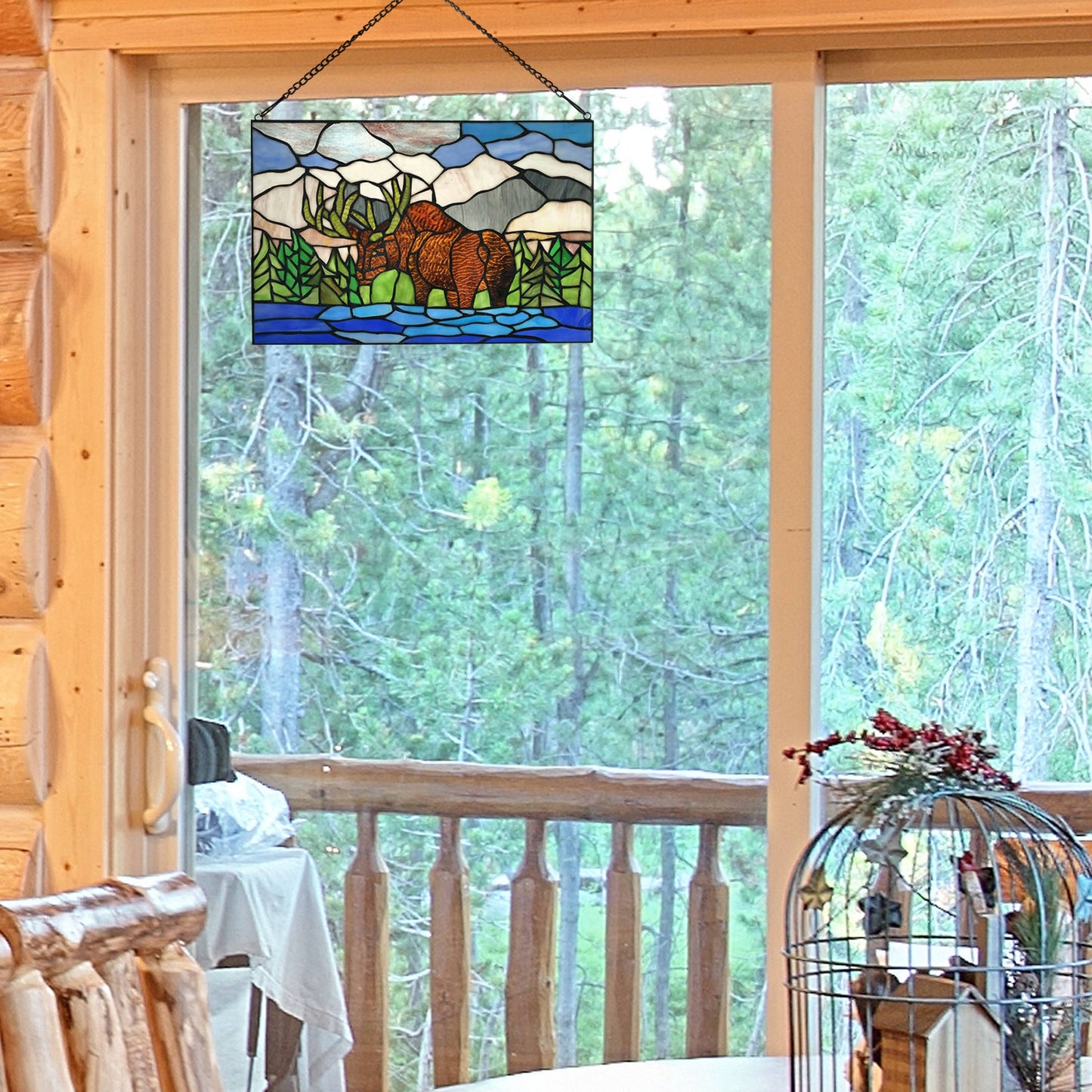 12"H Moose in Mountain Scape Stained Glass Window Panel