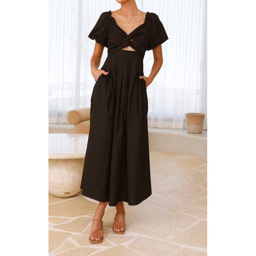 Twist-Front Puff Sleeve Maxi Dress