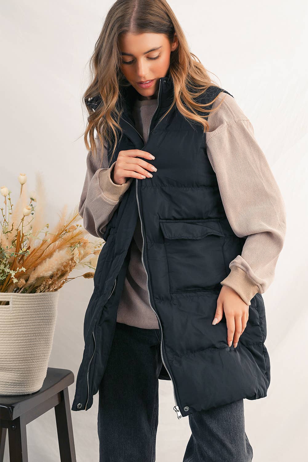 Winter Full Zipper Pockets Puffer Outerwear Vest