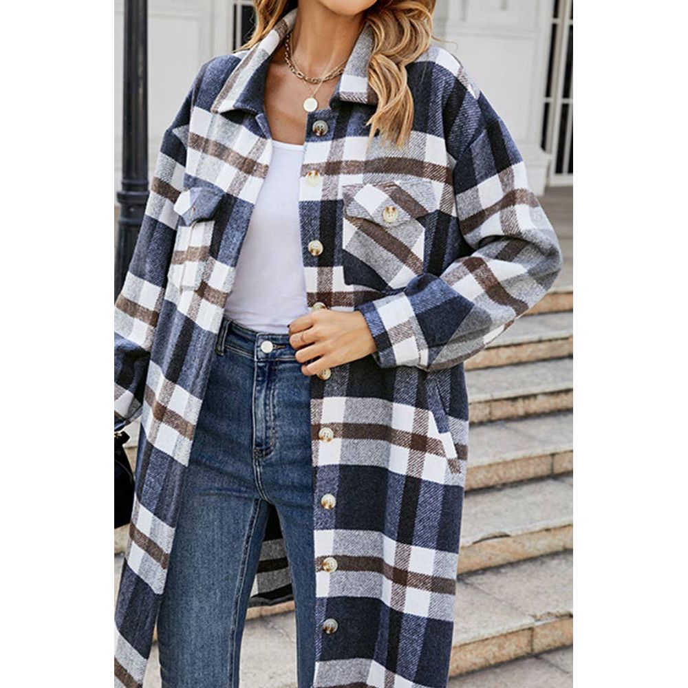 Long Plaid Coat Striped Button Up Side Poacketed Jacket