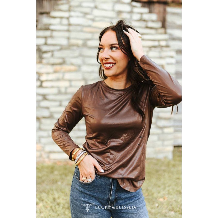 Brown Faux Leather Long Sleeve Round Neck Top