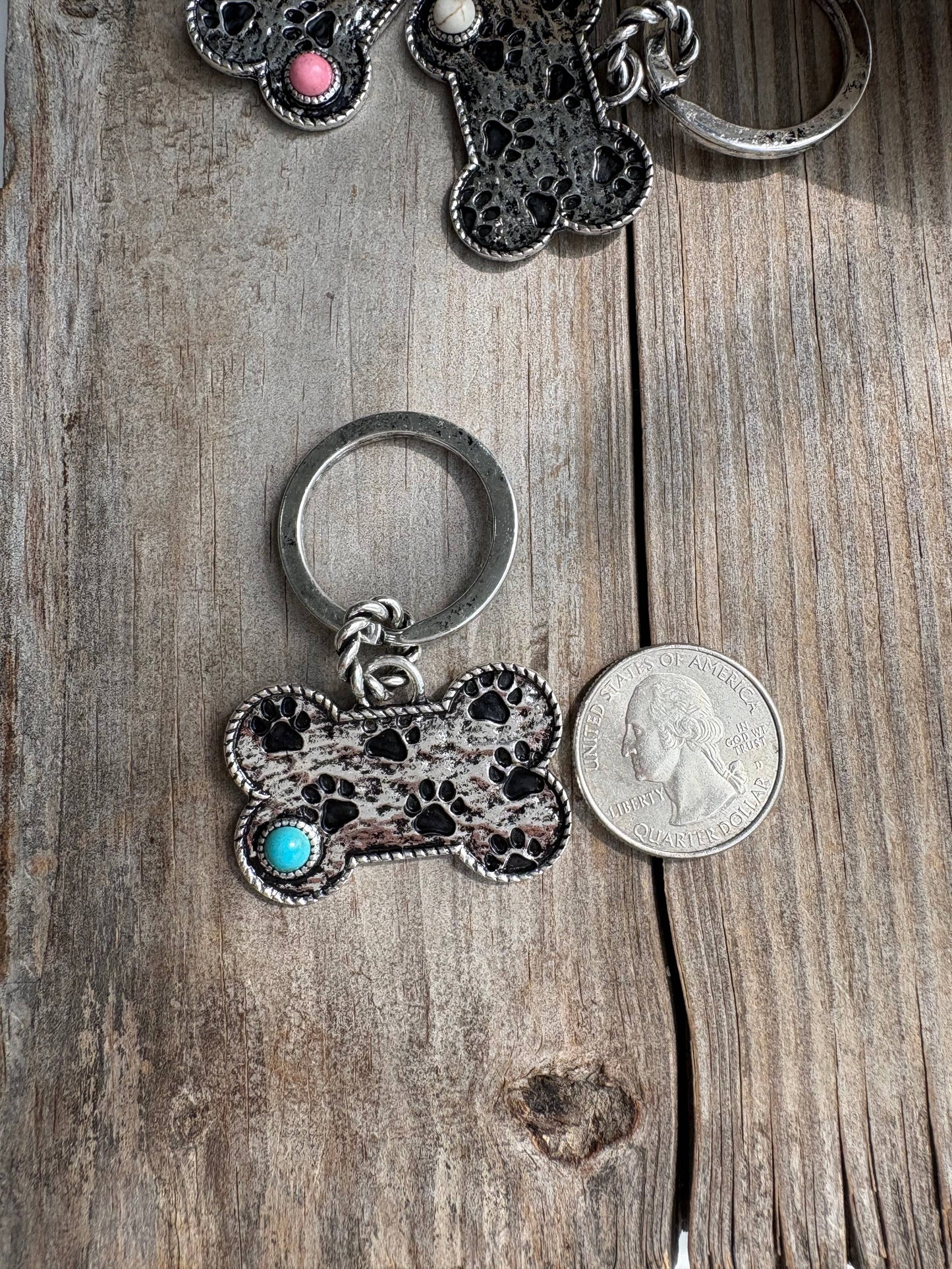 Paw Printed Dog Bone Metal Pendant Keychain