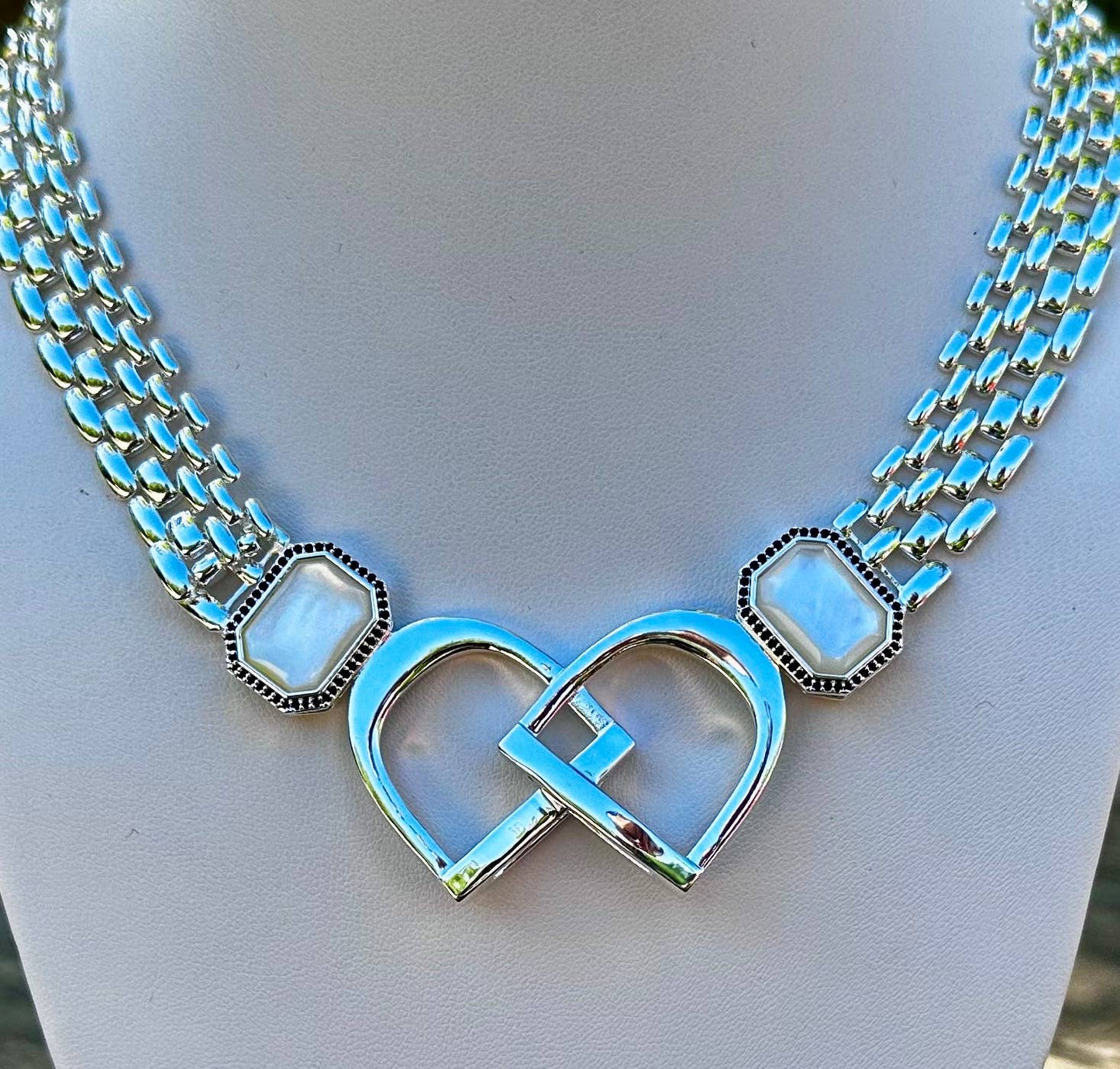 Bold English Saddle Stirrup Necklace Mother of Pearl