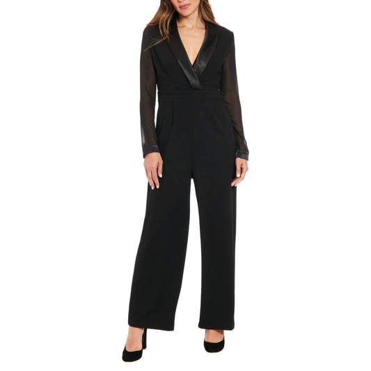 London Times Sheer Sleeve Wide Leg Tuxedo Jumpsuit