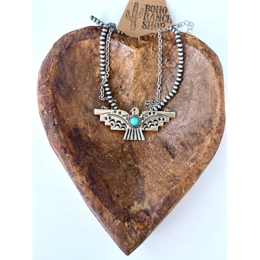 2 Layered Navajo Pearl & Thunderbird Pendant Chain Necklace