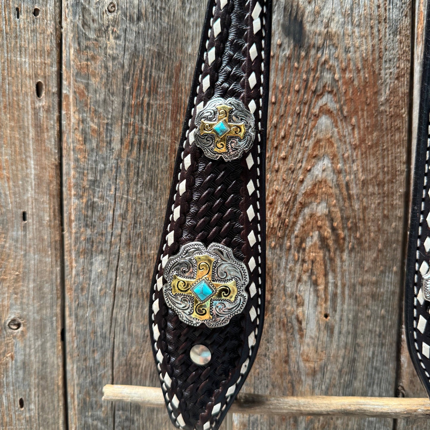 Rodeo Drive - Dark Oil Buckstitch Gold Cross Browband/One Ear and Breastcollar Tack Set #BBBC401