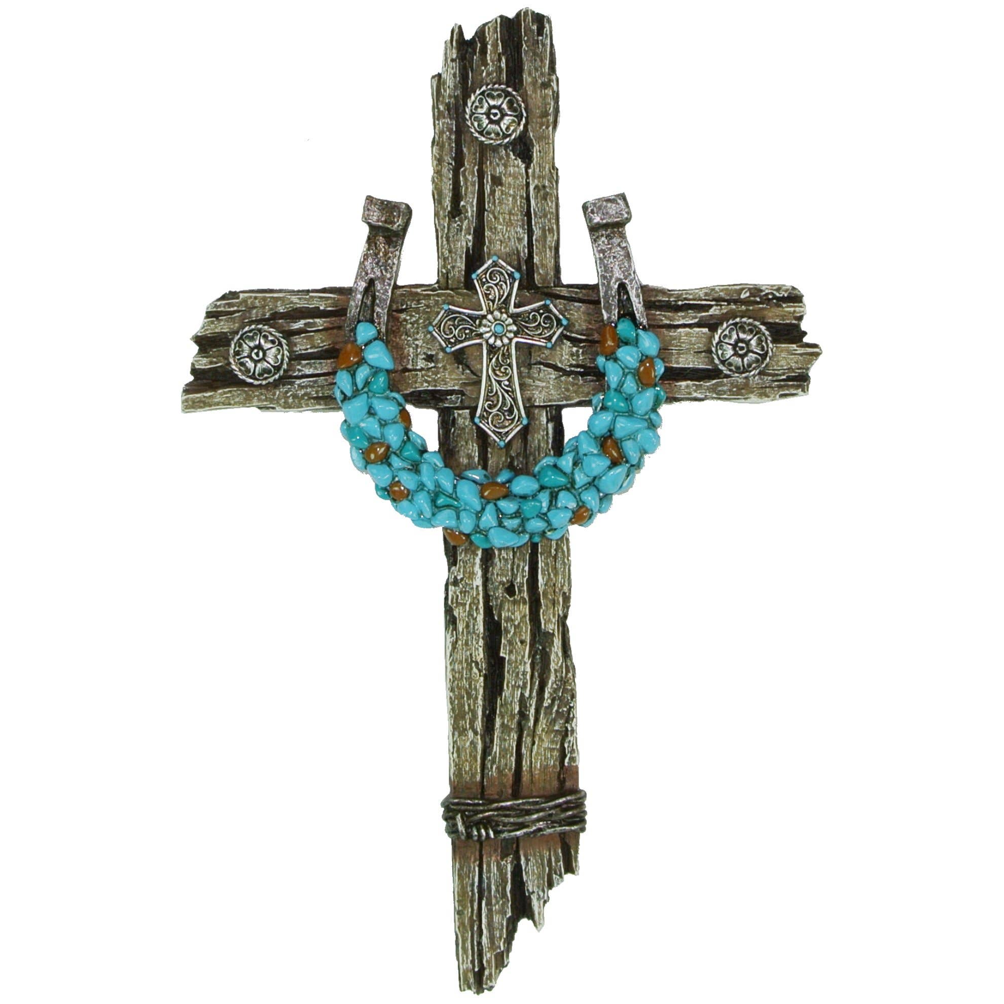 Turquoise Horseshoe on Polyresin Driftwood Wall Cross Décor