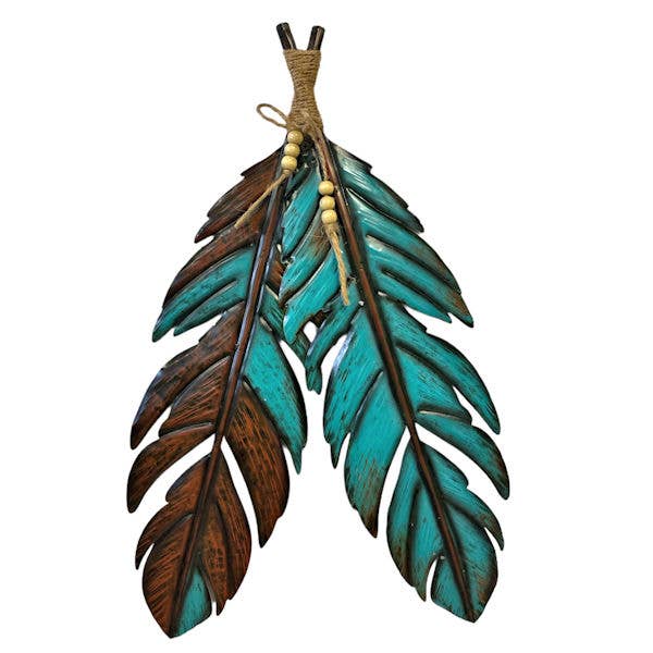 METAL DOUBLE FEATHERS WALL HANG TEAL/BROWN