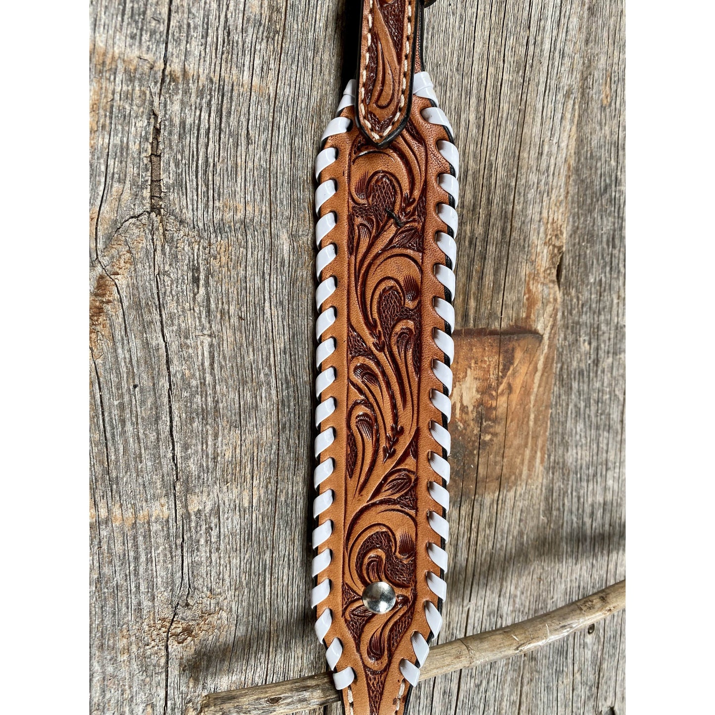 Light Oil Floral Tooled with White Whipstitch One Ear Headstall / Bridle