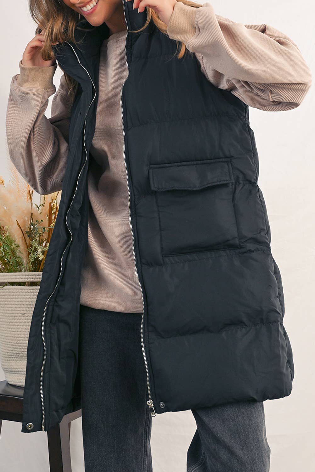 Winter Full Zipper Pockets Puffer Outerwear Vest