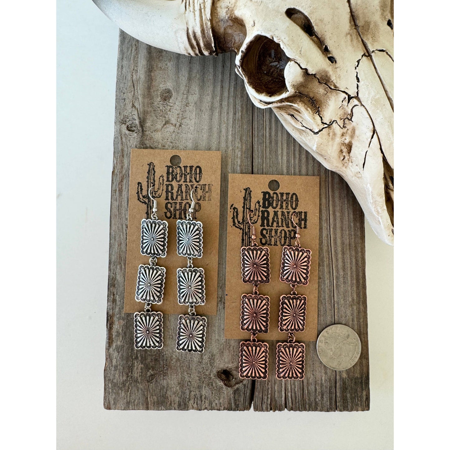 3 Tier Western Rectangle Concho Drop Dangle Earrings