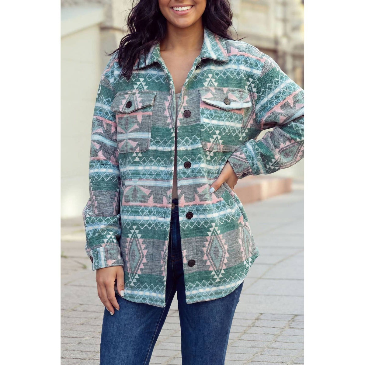 Geometric Print Button Front Long Sleeve Shacket