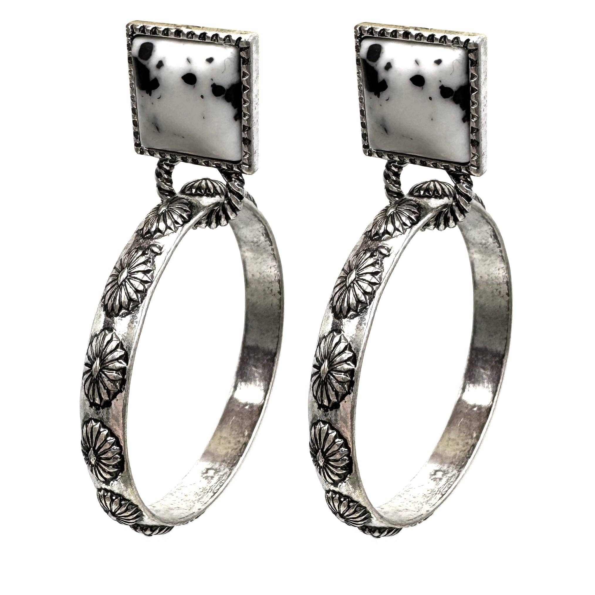 Square Stone Stud Western Hoop Earrings