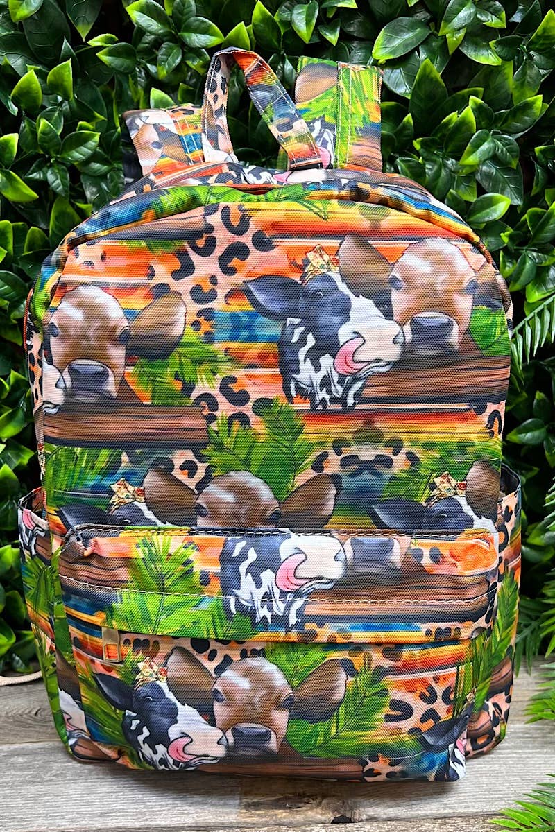 Western Multi Cow on Leopard Printed Small Kids Backpack