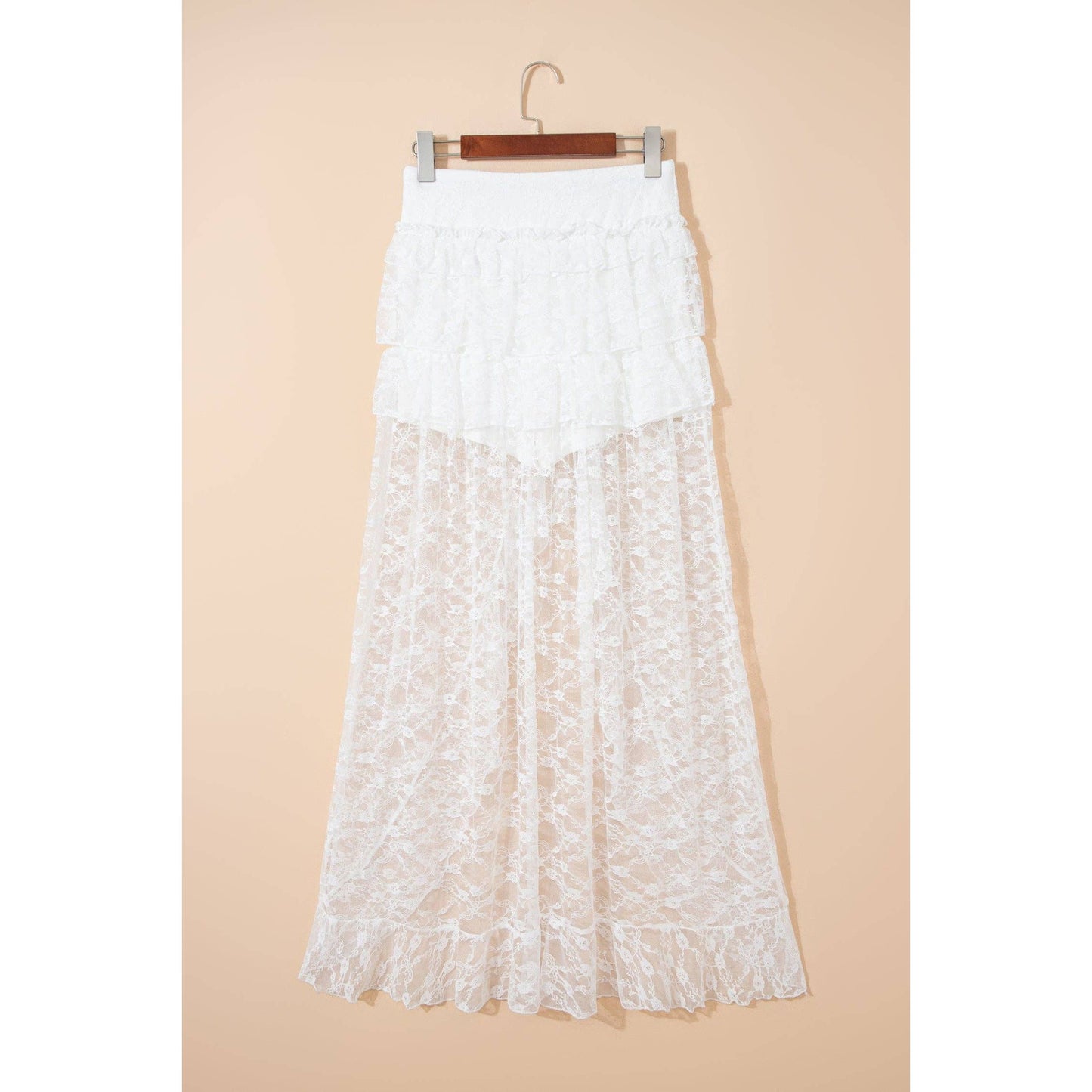 PRETTY BASH Sheer Lace Ruffle Tiered High-Low Skirt