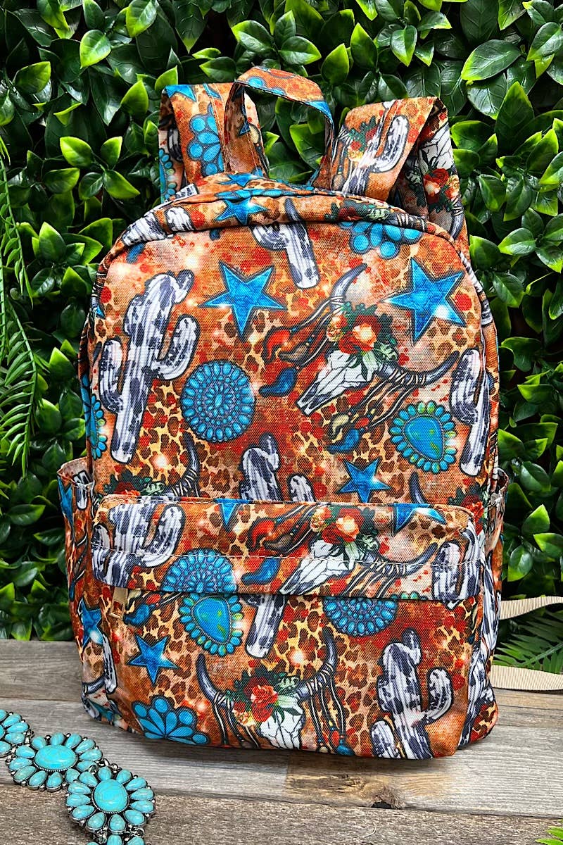 CONCHO, STAR & COW CACTUS PRINTED SMALL SIZE BACKPACK.