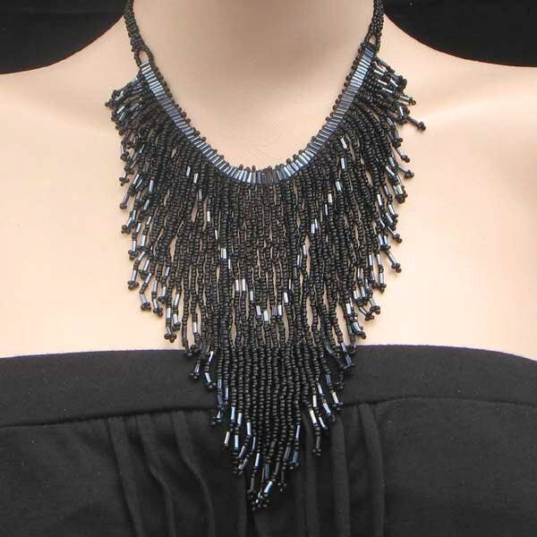 Handmade Beaded Black Bugle Seed Bead Bib Necklace