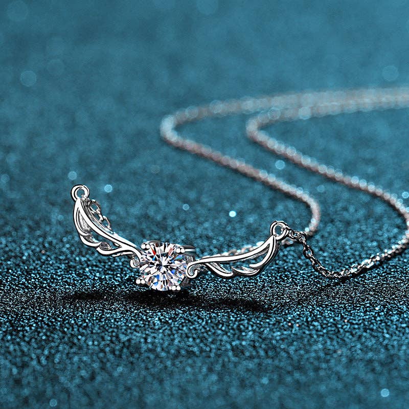 Angel Wing Moissanite Charm Necklace in 925 Sterling Silver