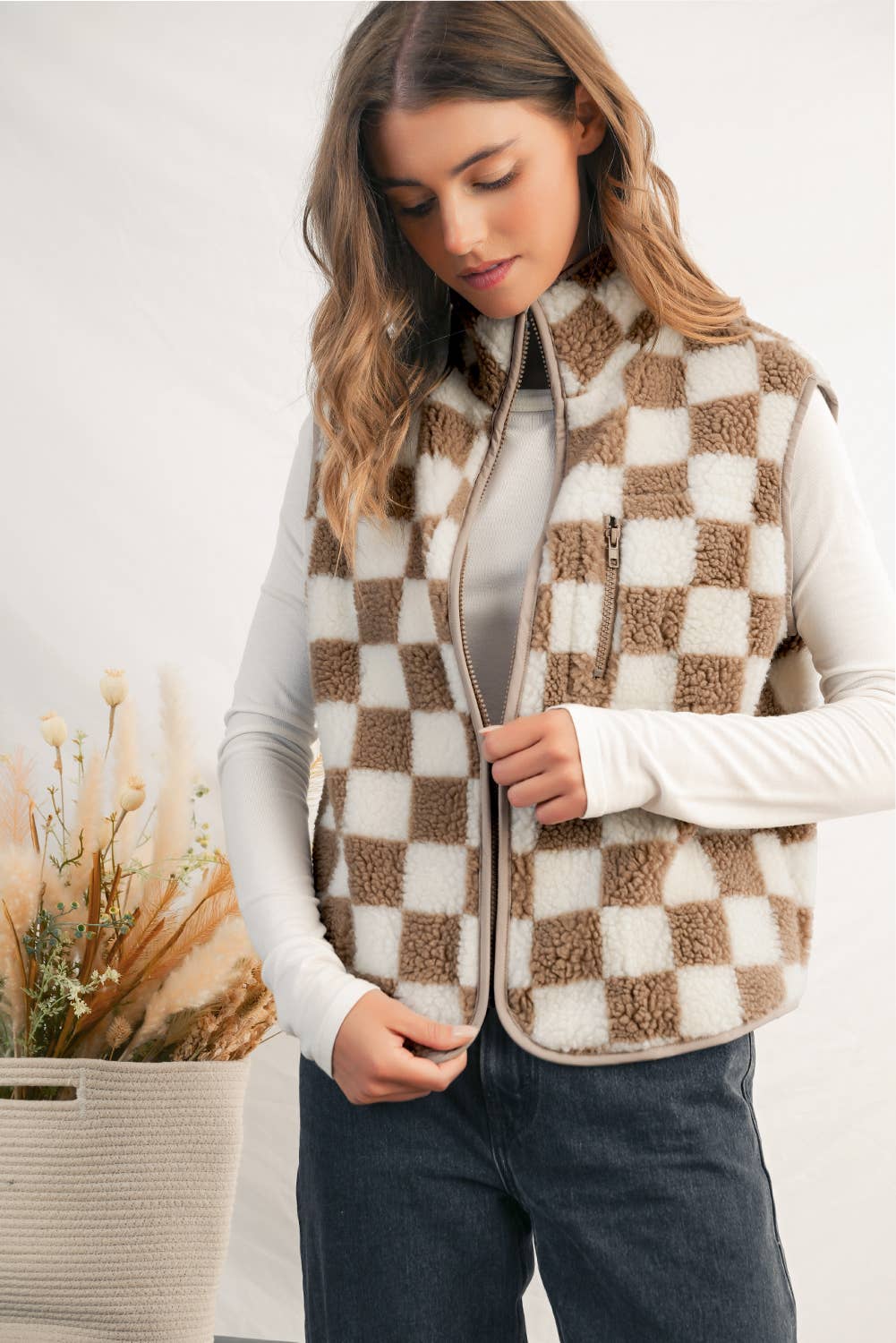 Checkered Collared Sherpa  Jacket Vest