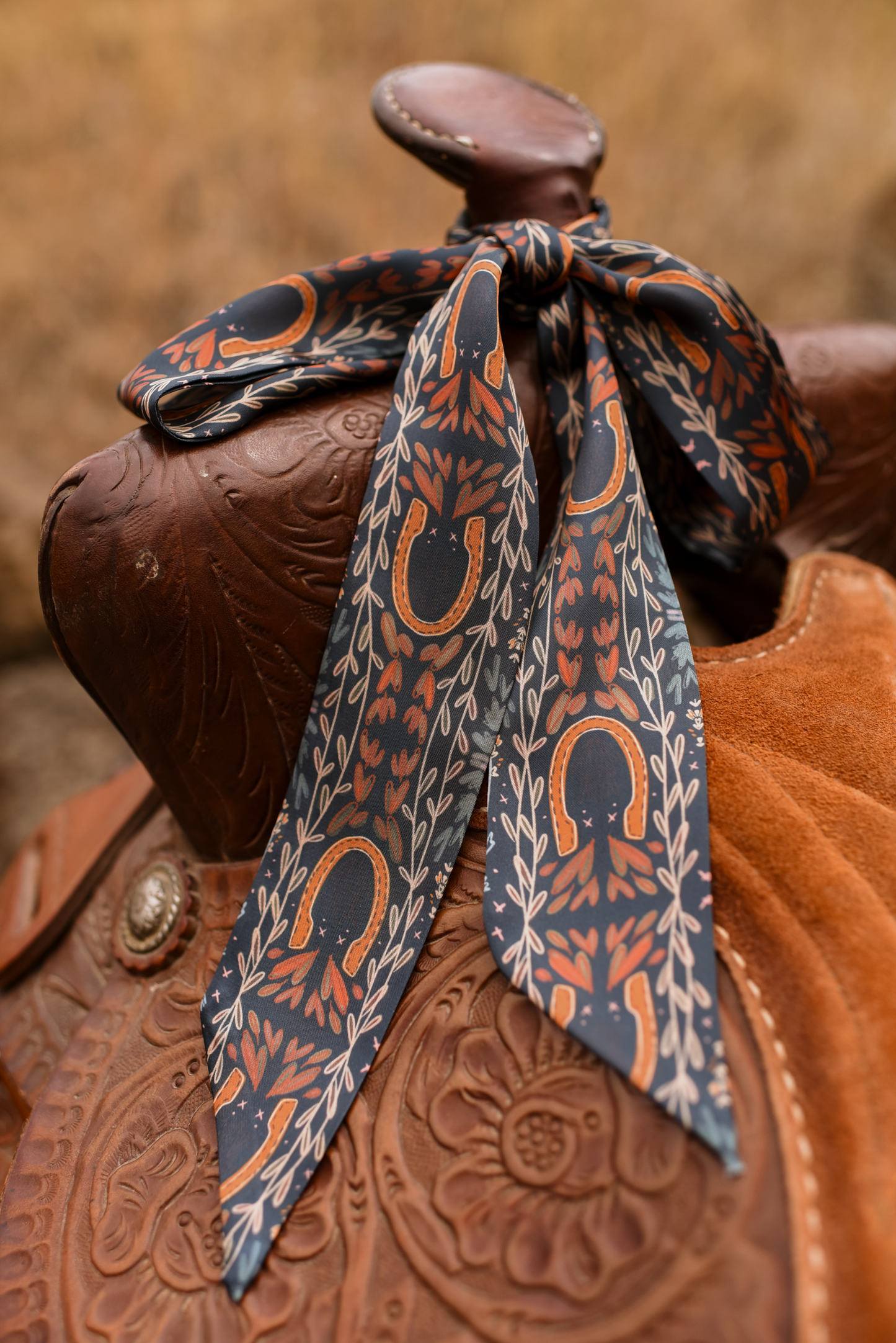 Western Harvest Twilly Scarf in Deep Juniper: Floral Western Satin Chiffon Green Scarf