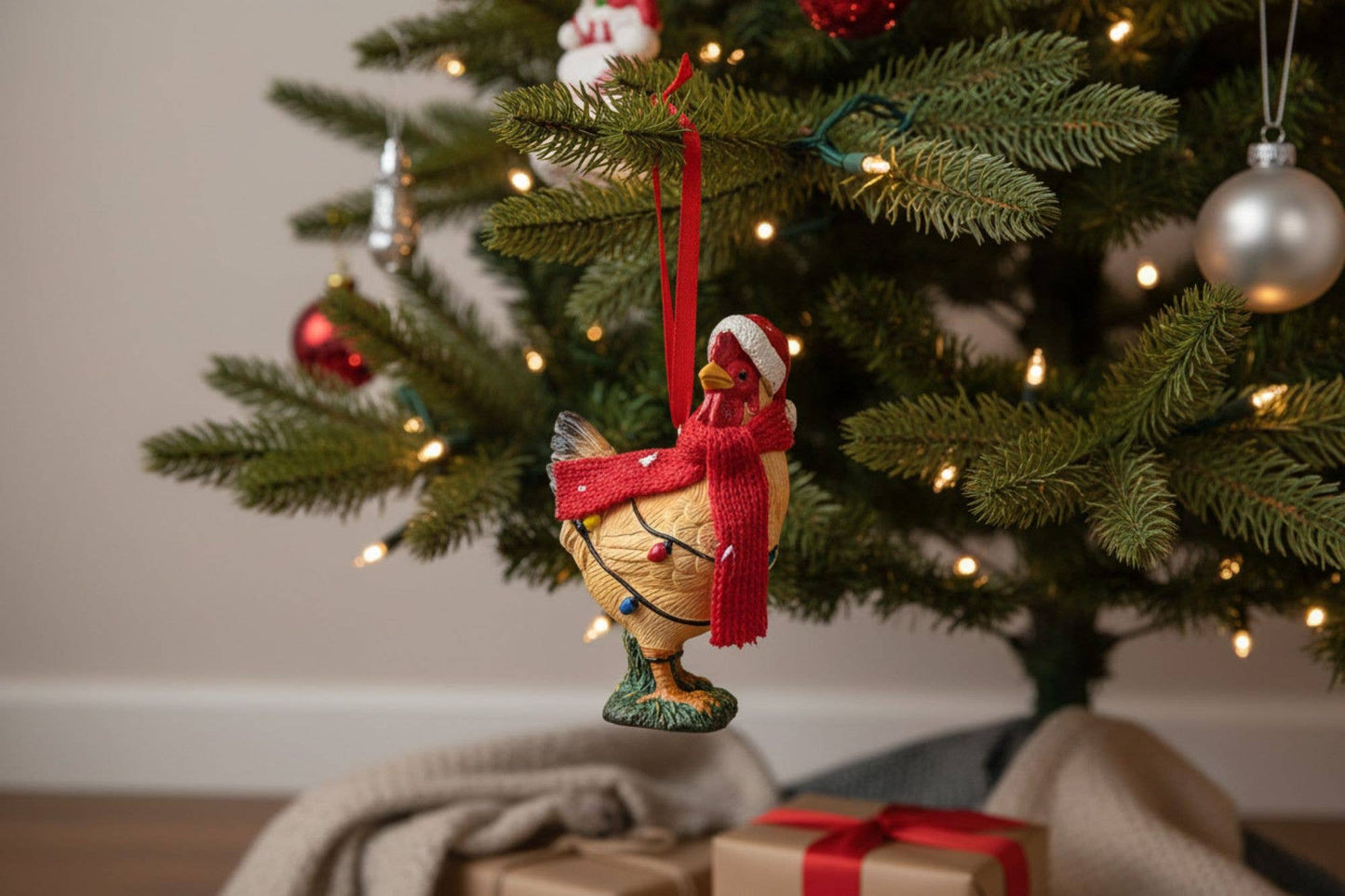 CHRISTMAS ORNAMENT CHICKEN RED HAT, 2"X1.25"X3.5
