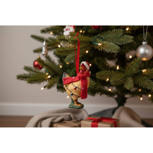 CHRISTMAS ORNAMENT CHICKEN RED HAT, 2"X1.25"X3.5