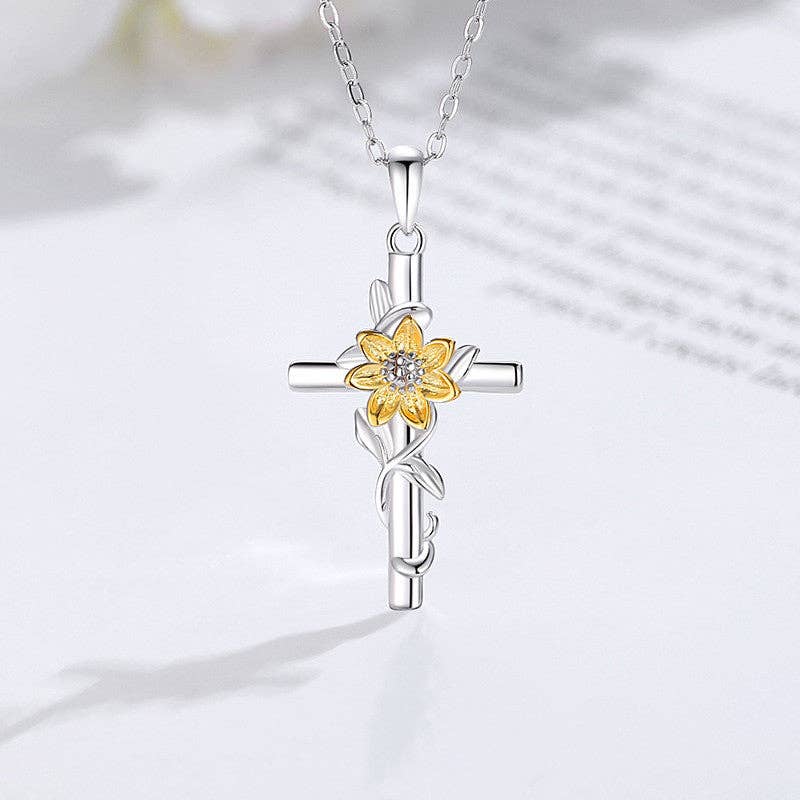 Gold Sunflower Cross Pendant Necklace in 925 Sterling Silver