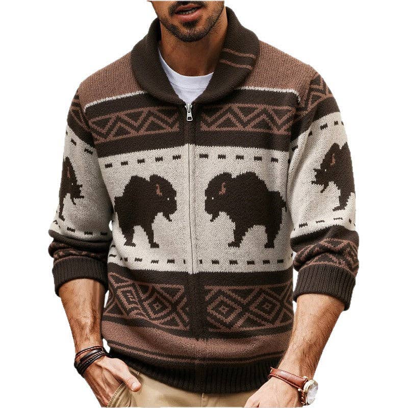 Men’s Retro Patterned Knit Cardigan Thick Outdoor Sweater