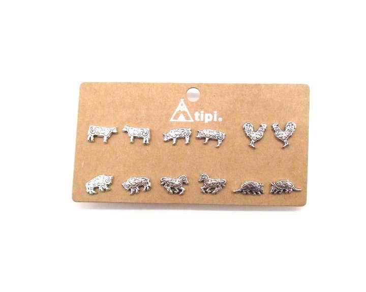 Western Etched Animal 6 Pair Earring Set