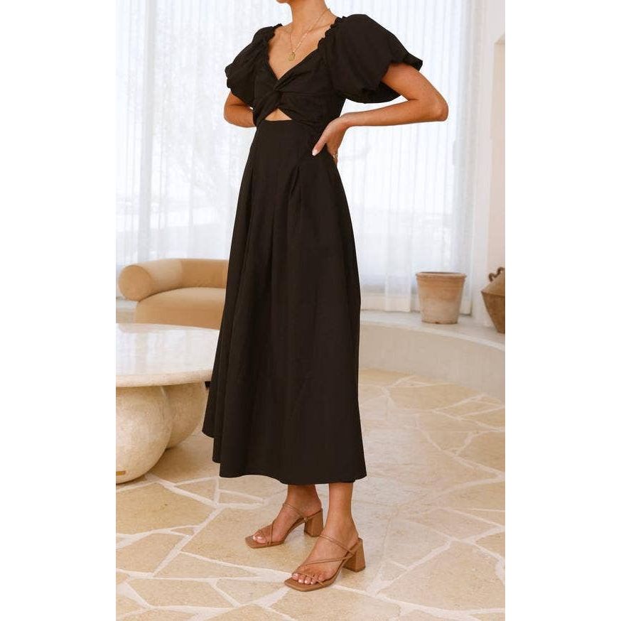 Twist-Front Puff Sleeve Maxi Dress