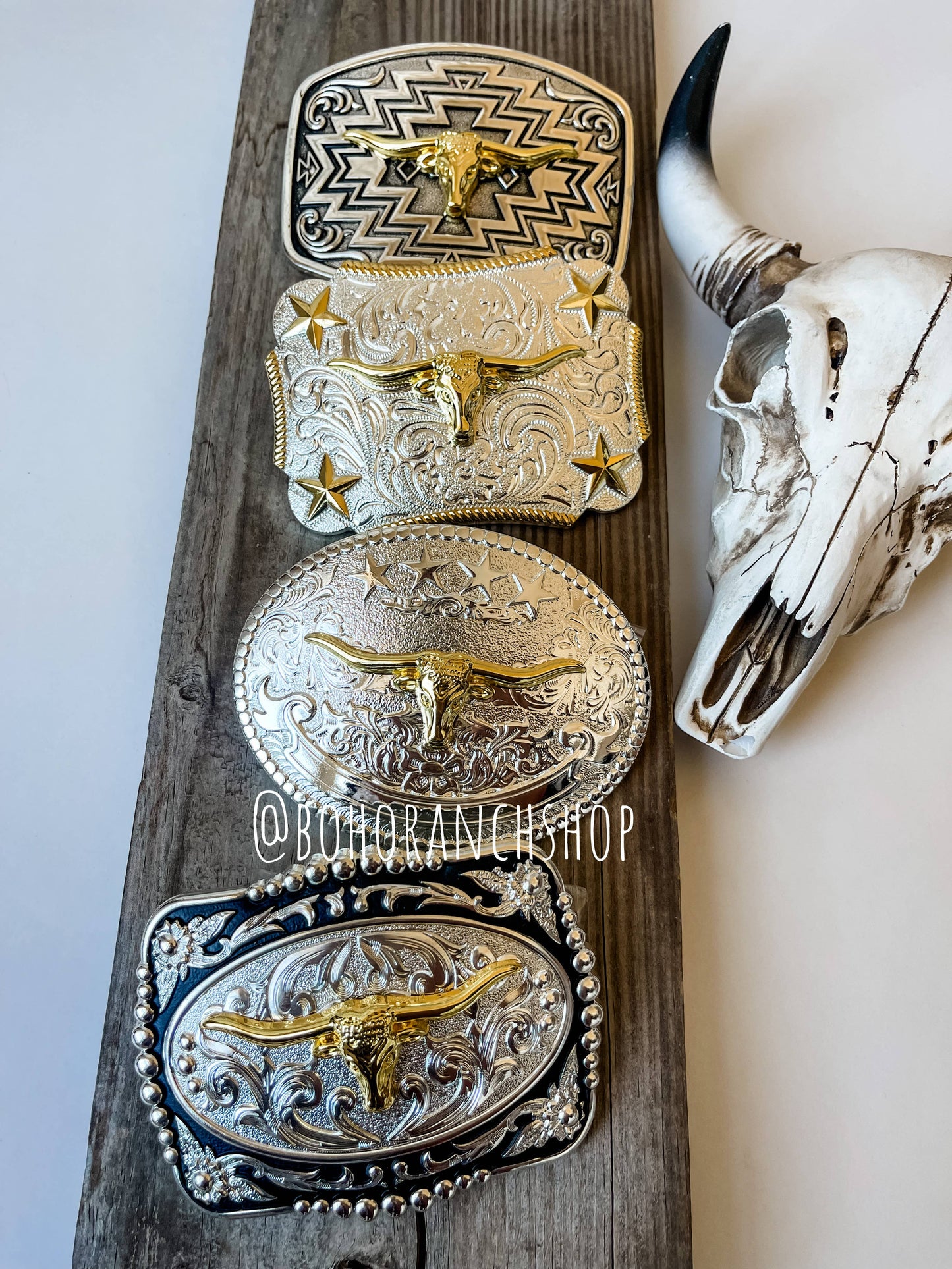 Western Longhorn Belt Buckle  Silver - Rose Gold - Gold