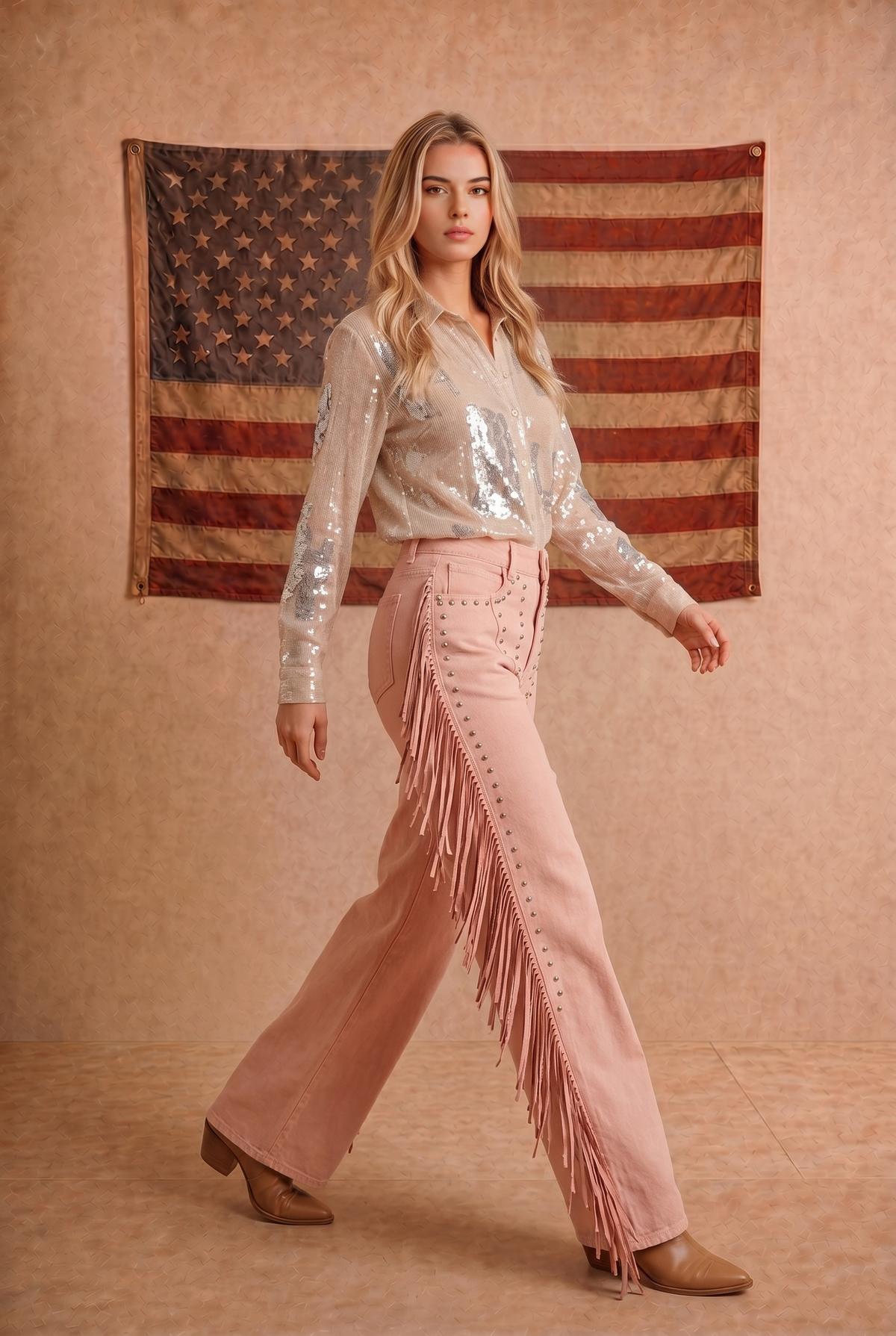 Western Embroidery Sequin Button Down Shirt
