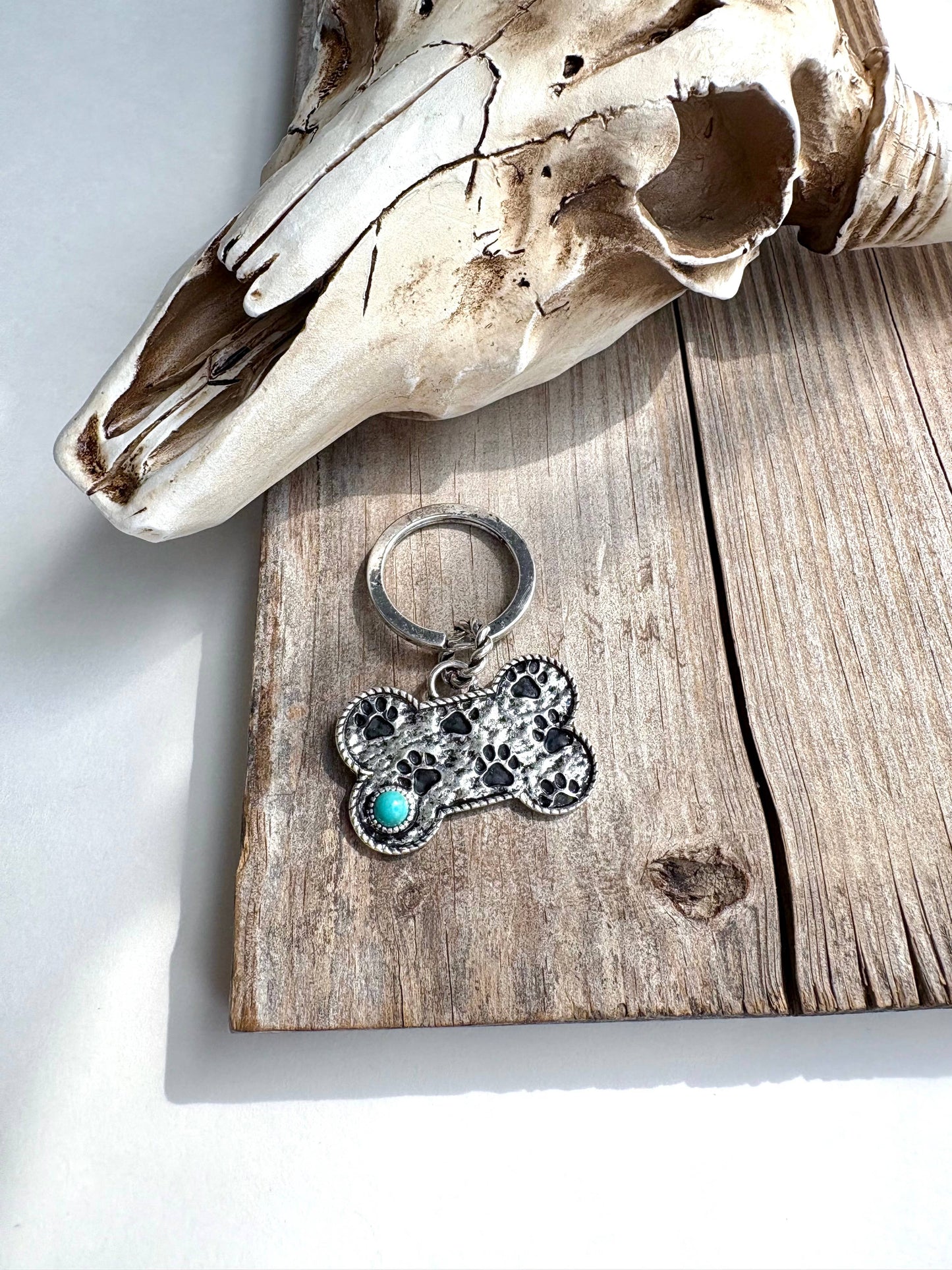 Paw Printed Dog Bone Metal Pendant Keychain