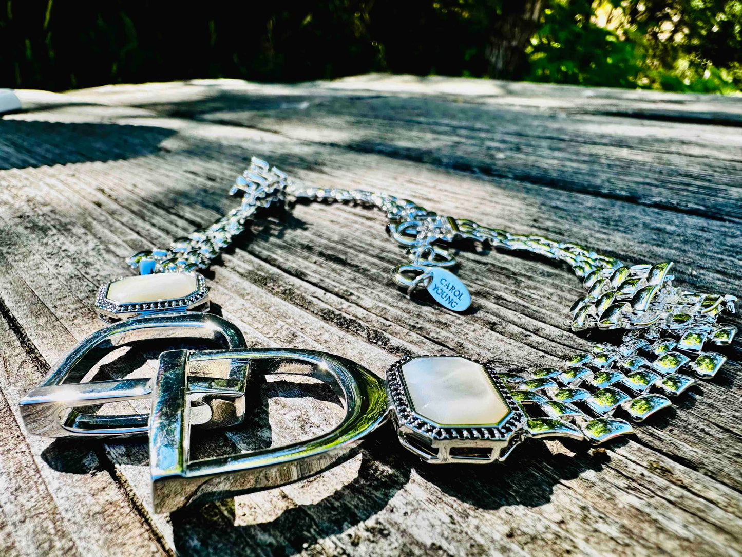 Bold English Saddle Stirrup Necklace Mother of Pearl