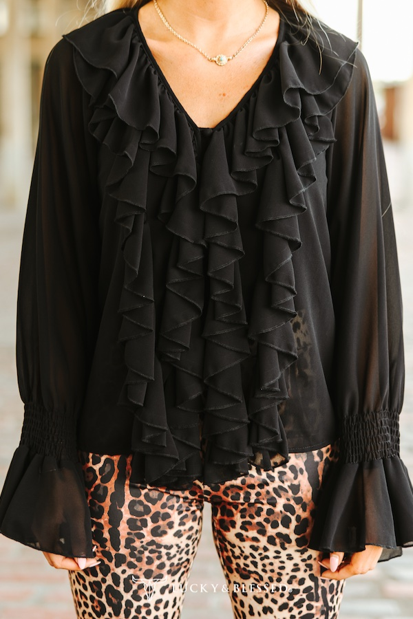 Black Pleated Ruffle Vintage Western Top