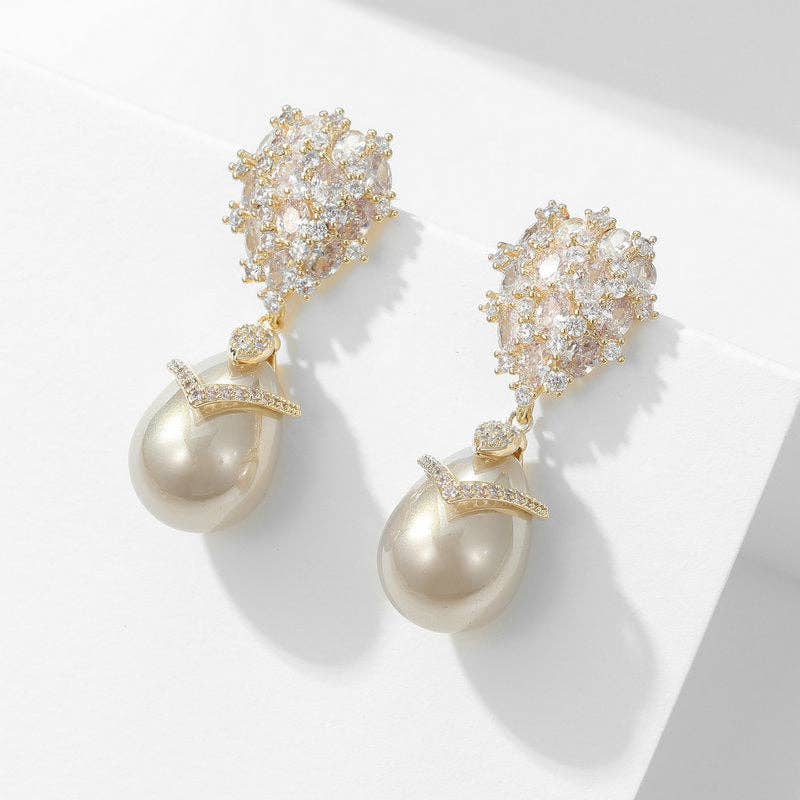 Gold Pearl Drop Wedding Statement Earrings in Solid Copper
