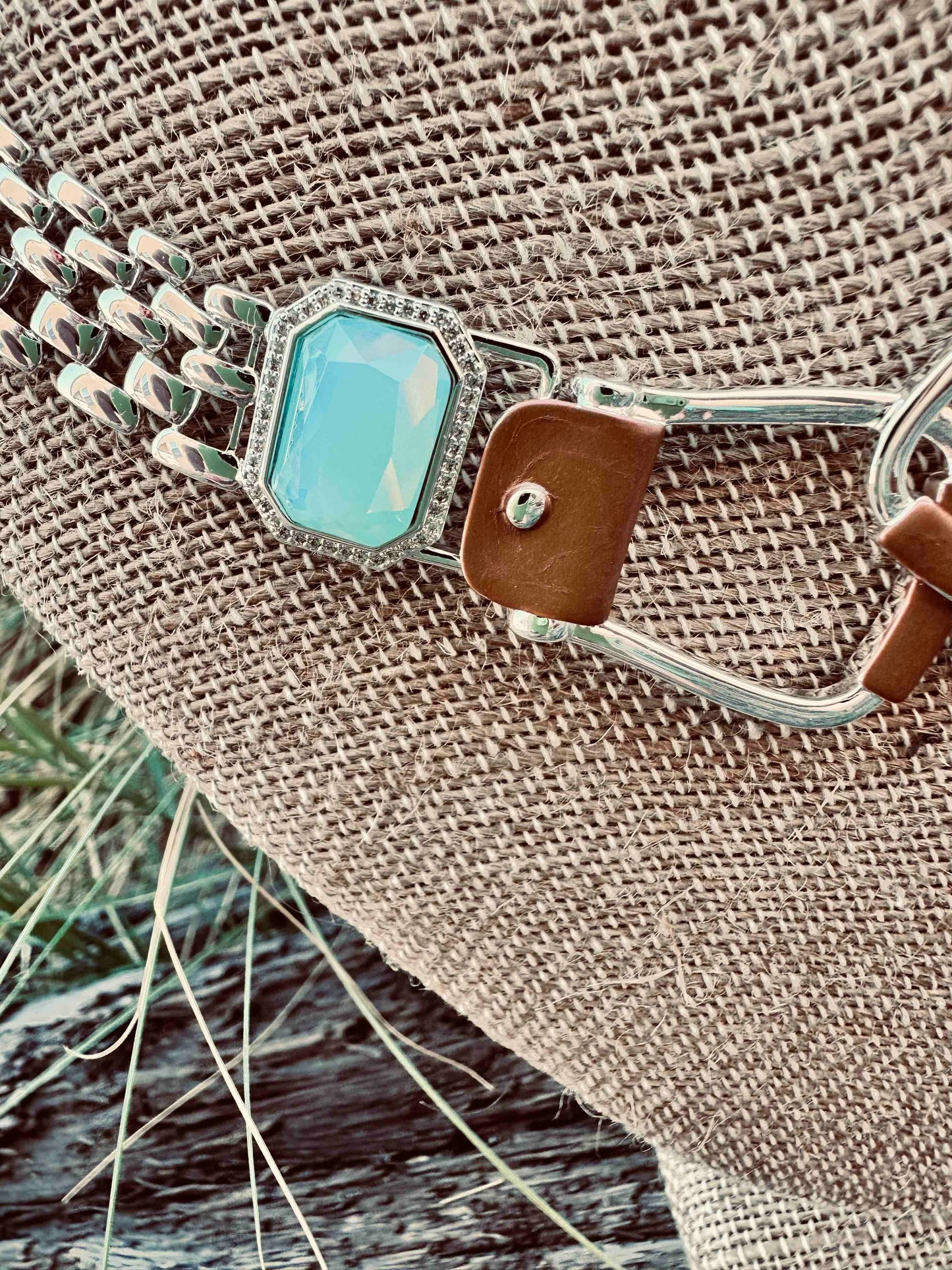 Bold Western Saddle Stirrup Necklace Aqua stone