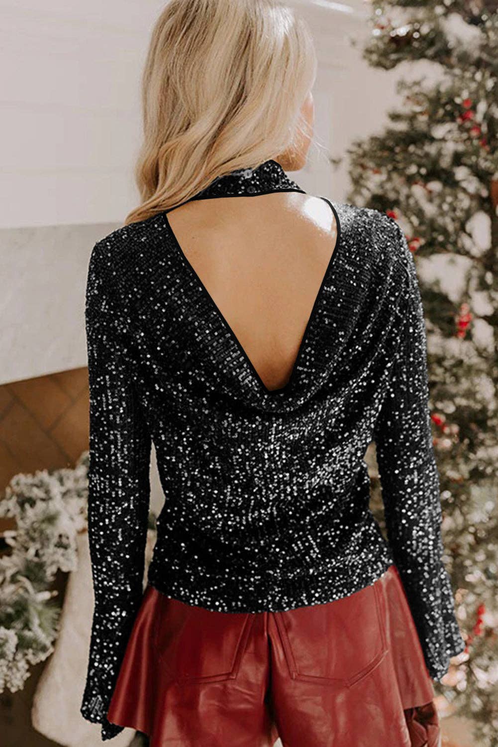 Sequin Mock Neck Drape Open Back Bell Sleeve Top