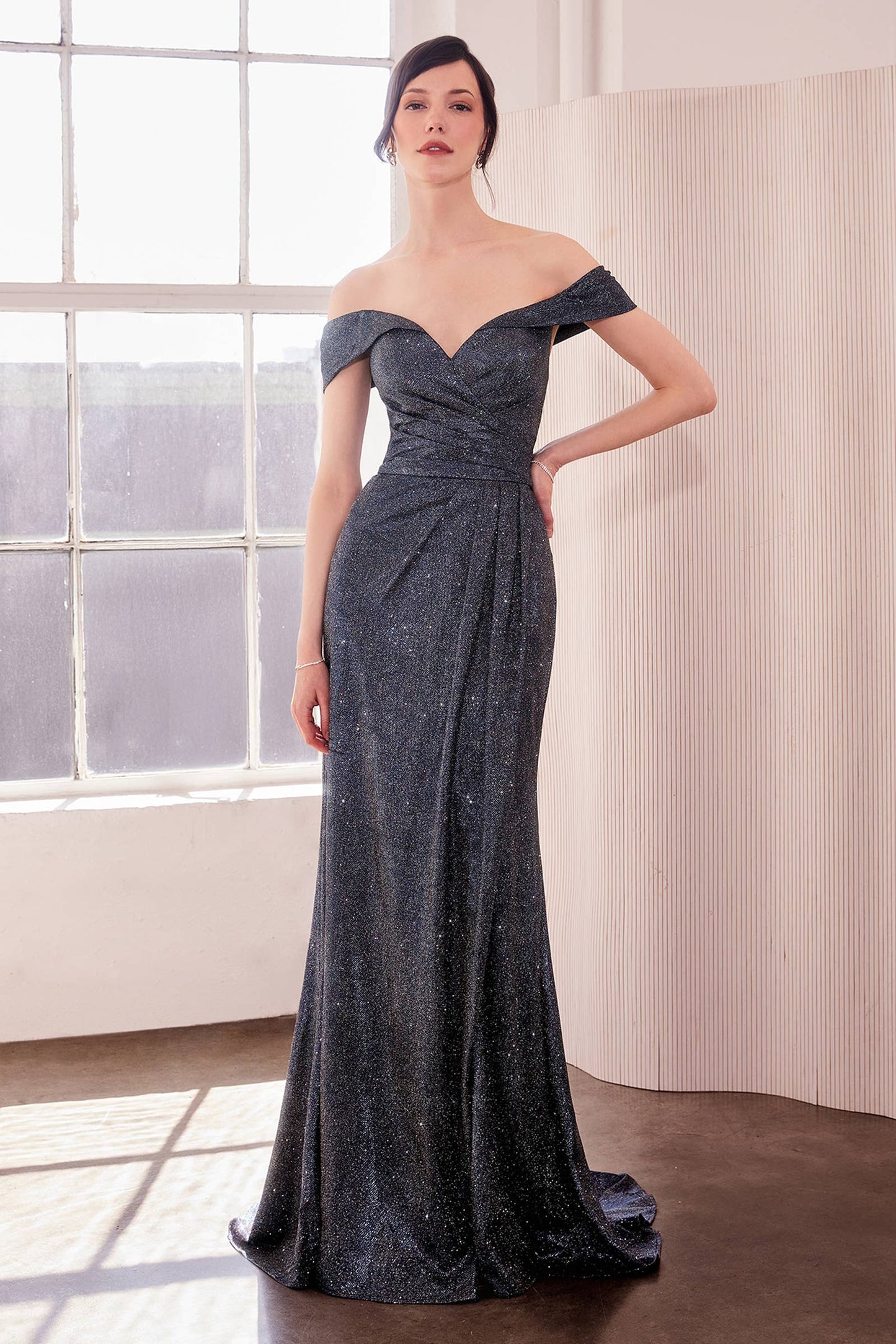 OFF THE SHOULDER METALLIC GOWN WITH LEG SLIT