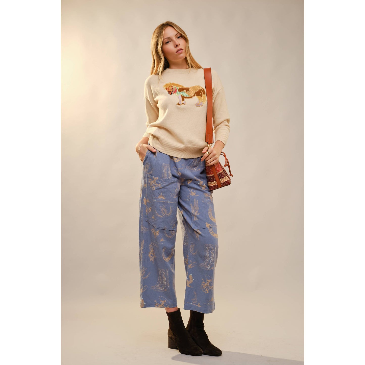 52269W Pony Embroidery Crew Neck Pull Over Sweater