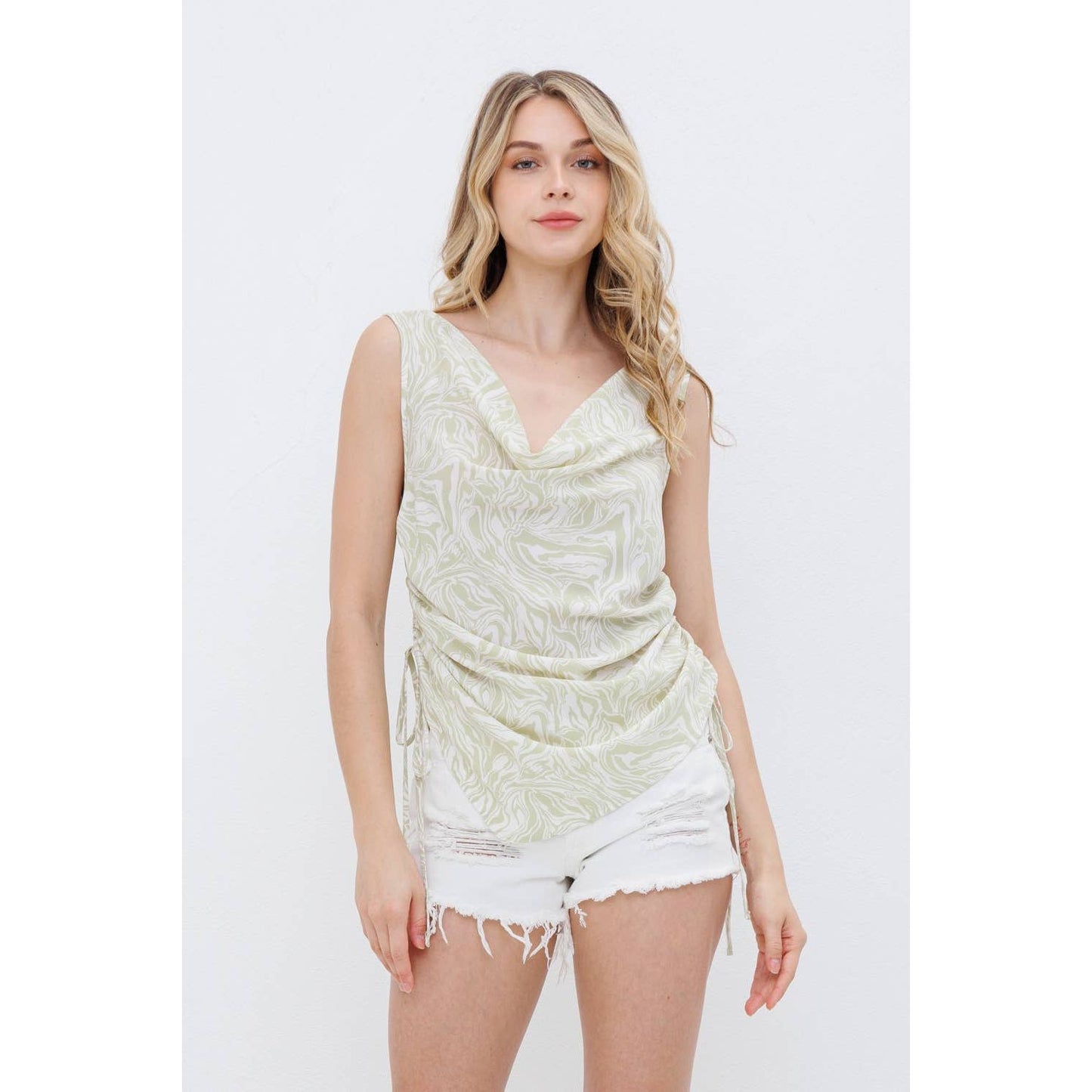 31666T - Koshibo Marble Print Cowl Neck Cinched Side Blouse