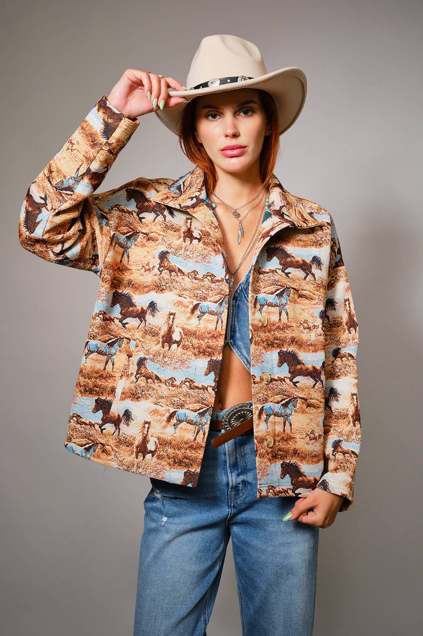 Blue B Western Pattern Button Front Jacquard Jacket 33144J