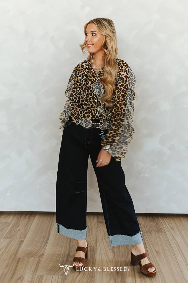 Leopard Print Ruffle Long Sleeve Blouse