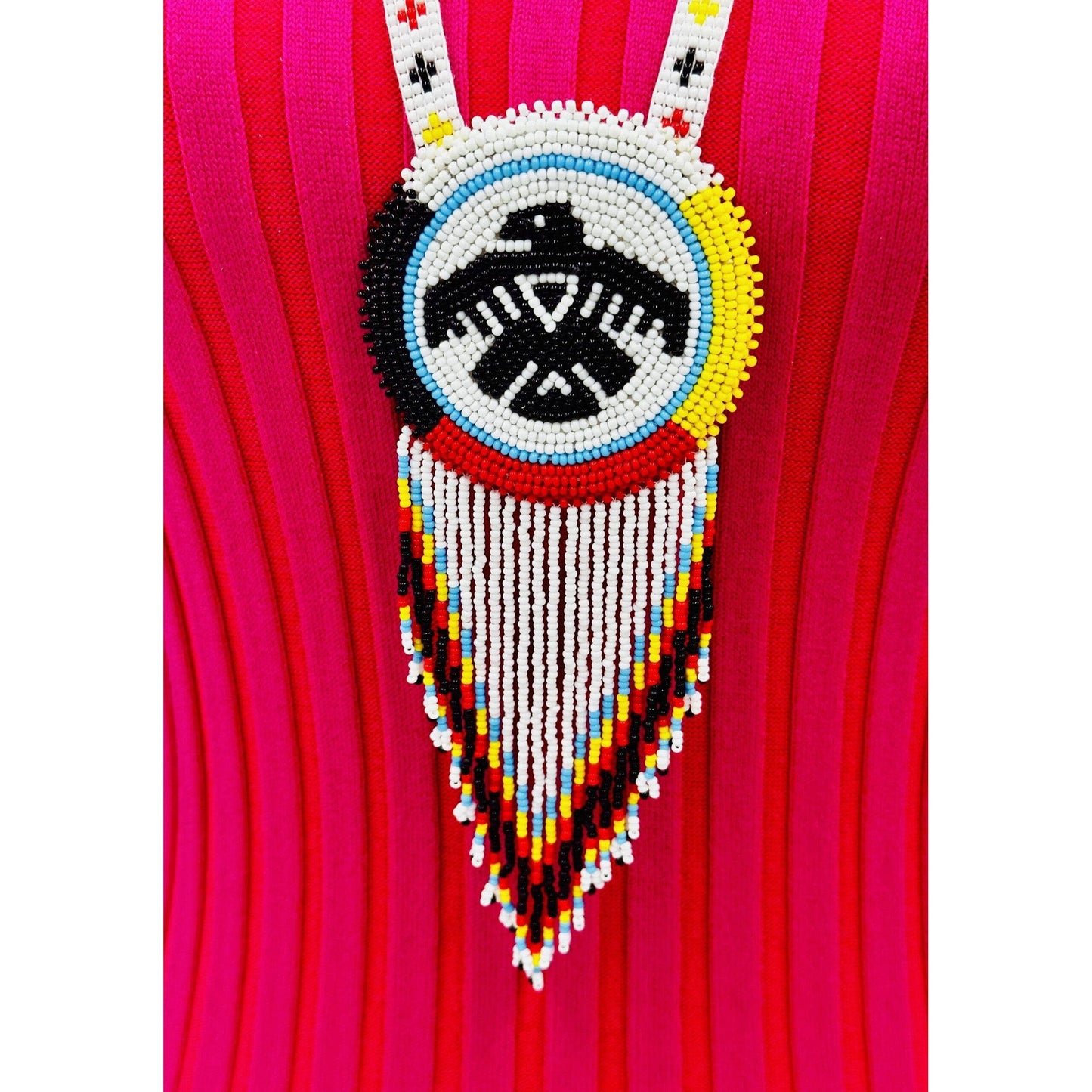 Handmade Beaded Necklace Earrings Set with 2-3 Inch Rosette Pendant - 4 Direction Thunderbird