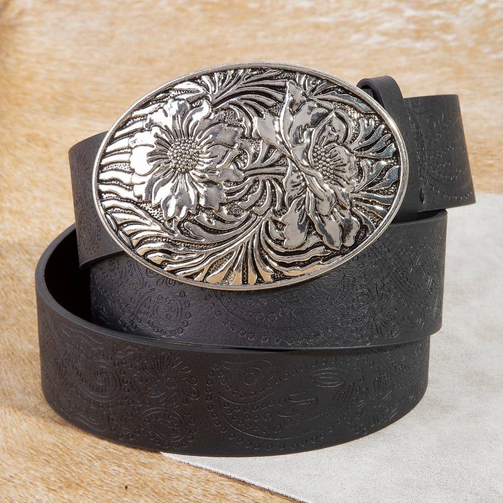 Floral Buckle Paisley Pattern Vegan Leather Belt