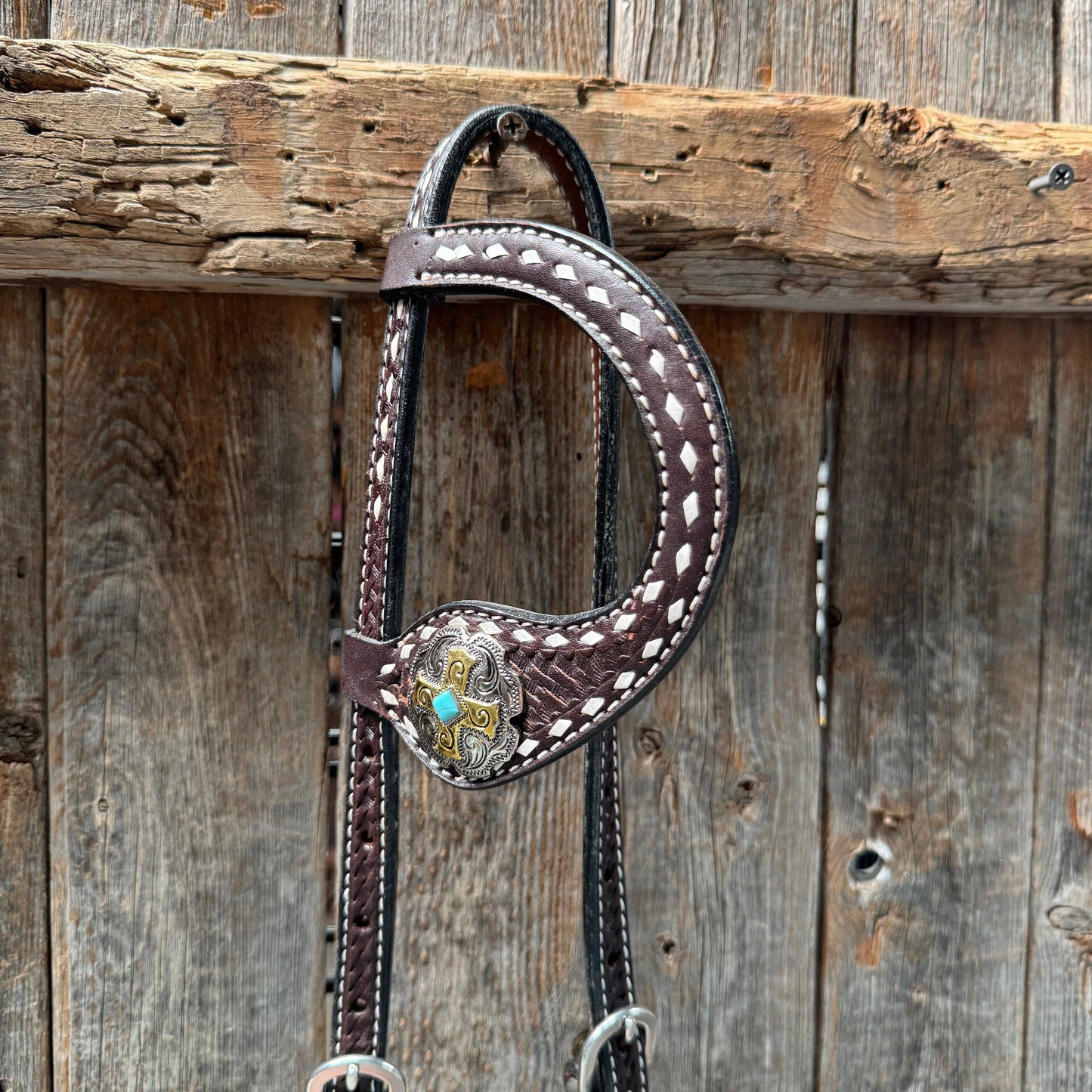Rodeo Drive - Dark Oil Buckstitch Gold Cross Browband/One Ear and Breastcollar Tack Set #BBBC401