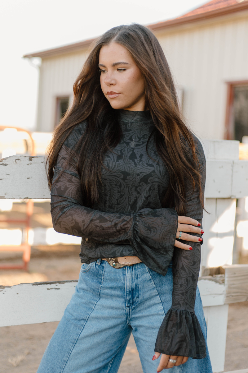 Sterling Silver Tooled In Black Mesh Top